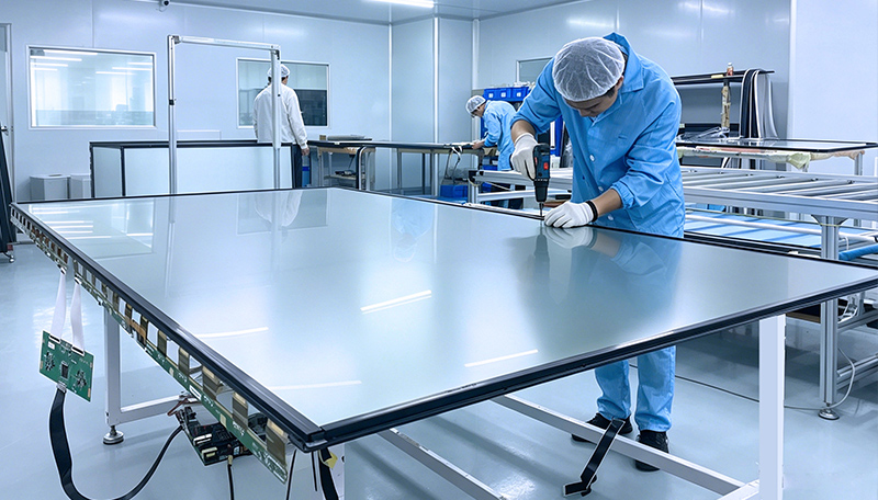 engineer assembling interactive display mainboard and internal components