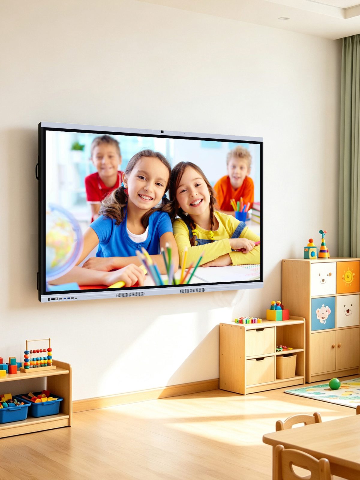 Wall-mounted interactive smart board in a kindergarten classroom
