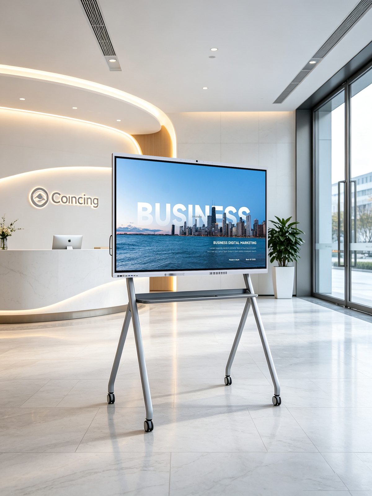 Smart board on a mobile stand in a corporate lobby