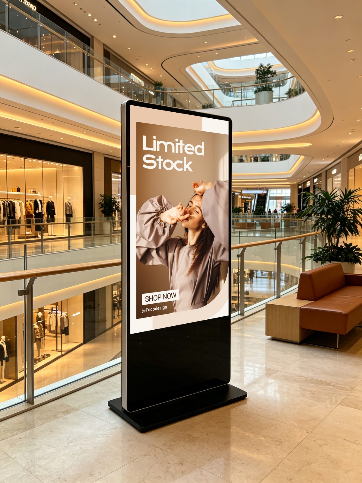Floor-standing digital signage kiosk in a shopping mall