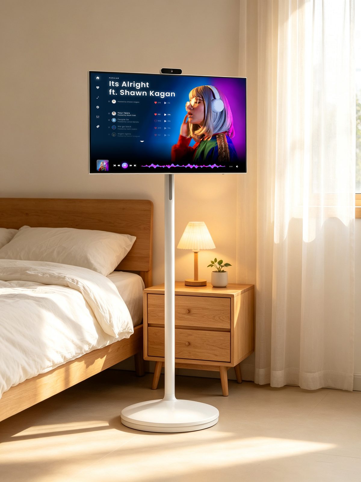 Mobile smart screen on a rolling stand in a bedroom