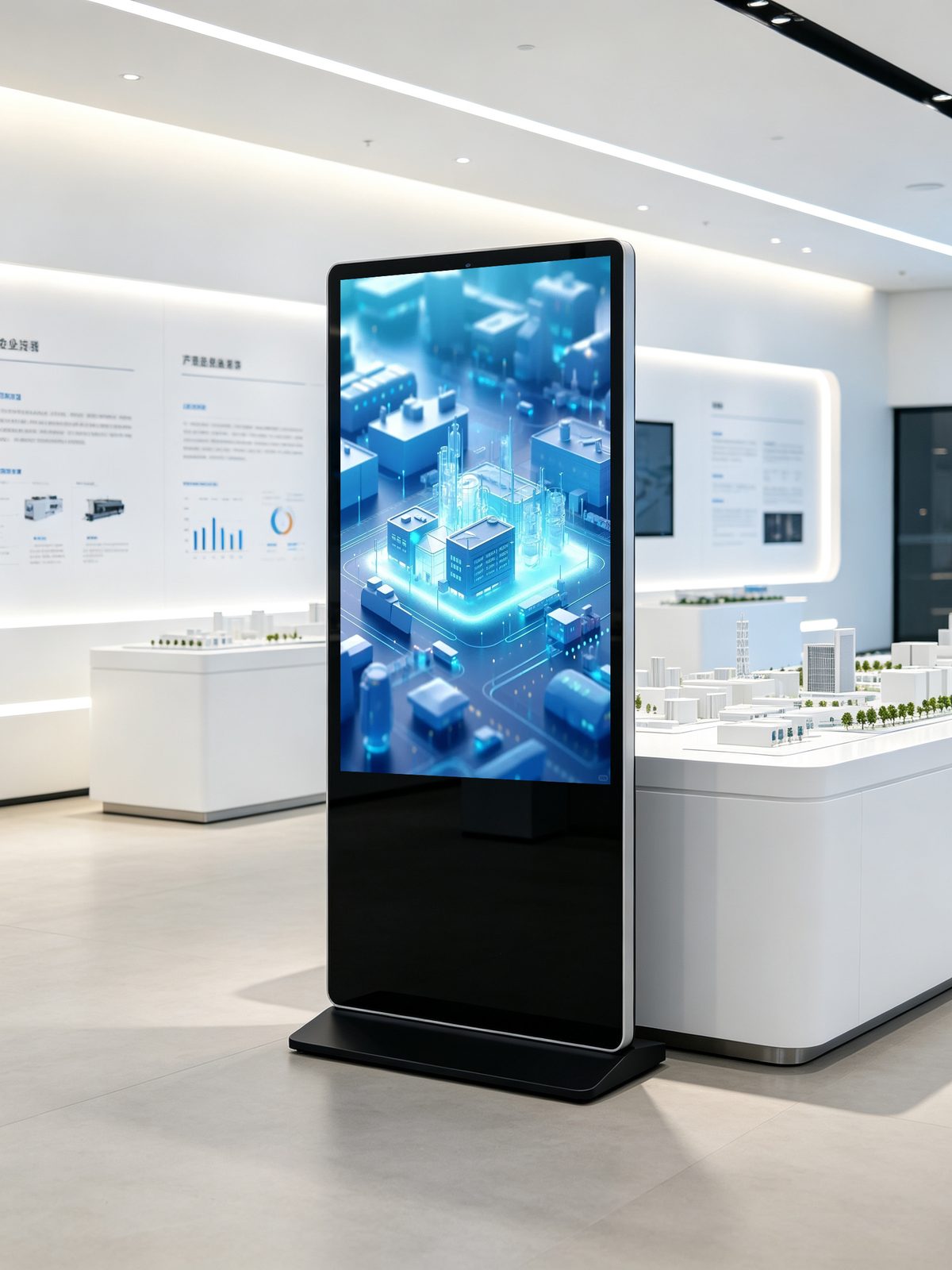Freestanding digital signage kiosk in an exhibition showroom
