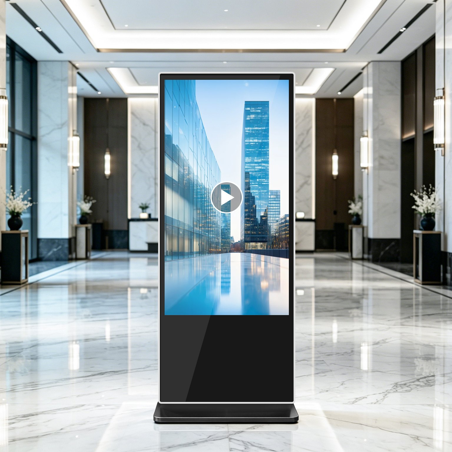 Floor-standing digital signage kiosk with custom logo for hotel lobbies