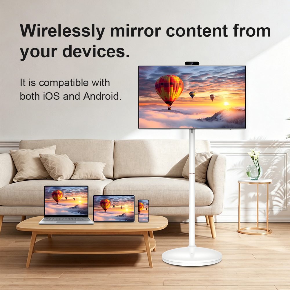 mobile smart screen wireless mirroring from smartphone on rolling stand