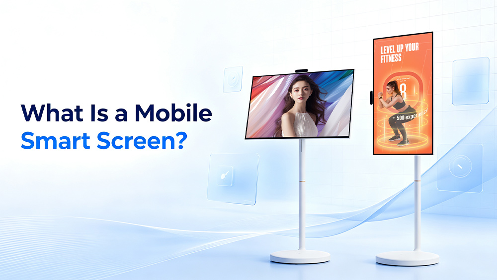 mobile smart screen wireless mirroring from smartphone on rolling stand