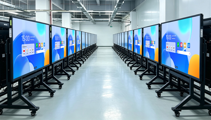 workers packing interactive displays into export cartons for shipping