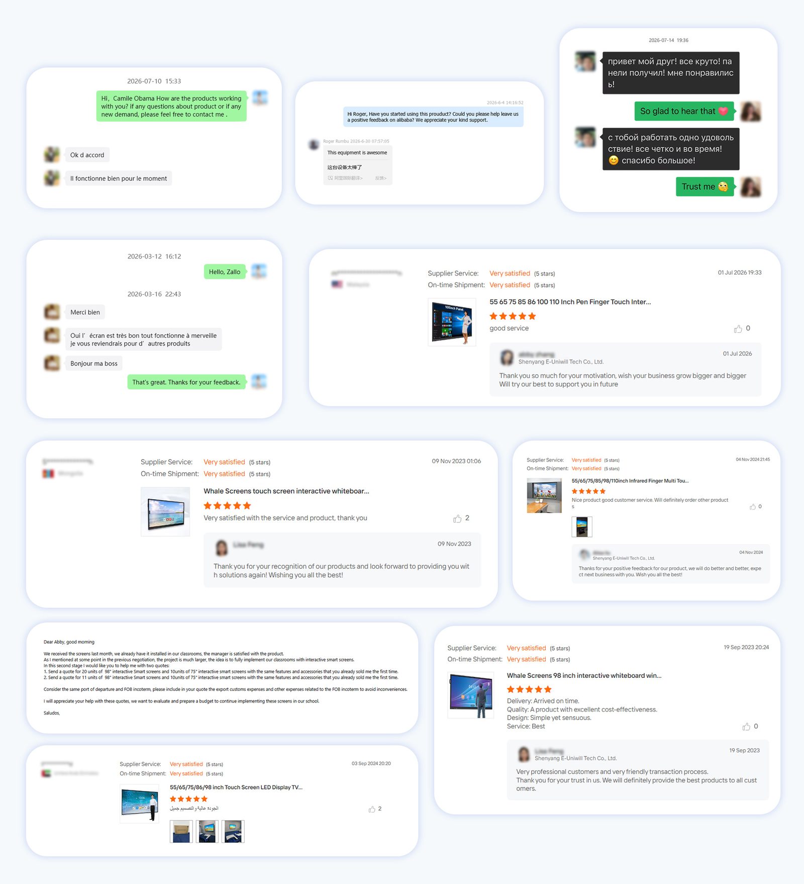 Collage of verified customer reviews, chat feedback and Alibaba ratings received by E-Uniwill partners