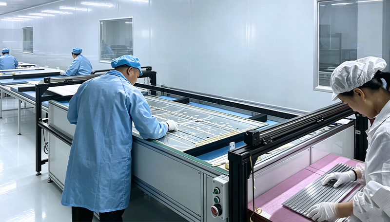 worker handling display panel during sample production