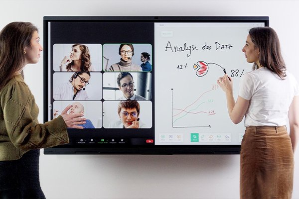 Video call and whiteboard collaboration side by side on an interactive display
